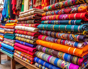 Traditional Mozambican capulanas in bold colors and intricate patterns folded and stacked neatly on a market stall.