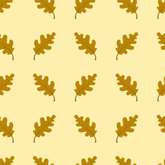 Oak leaves seamless pattern. Vector illustration on yellow background. For wrapping paper, scrapbooking, textile, backgrounds, posters.