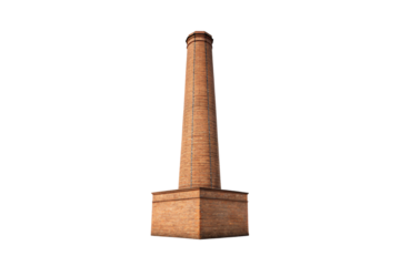 Tall brick industrial smokestack with square foundation and round tower, weathered brick construction throughout, isolated on a transparent background