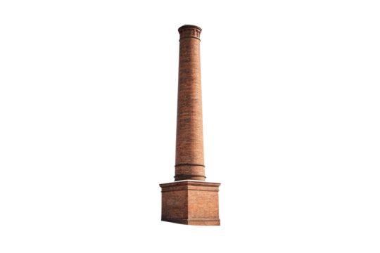 Tall brick industrial chimney stack with square base and cylindrical tower against clear sky background, isolated on a transparent background