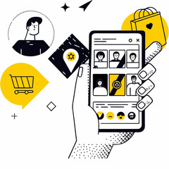 Shopping on social media and mobile phone with location pin and cart vector illustration, online marketing, digital business, e-commerce, customer engagement and social network.


