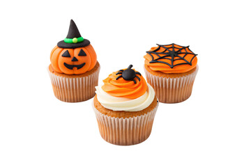 Three festive Halloween cupcakes featuring witch hat, spider web design, and black spider decorative cake toppers, isolated on a transparent background