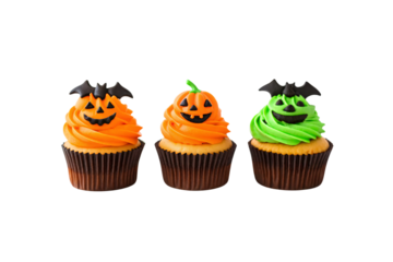 Three Halloween cupcakes with orange and green frosting, pumpkin decorations, black bat toppers, and chocolate cake base, isolated on a transparent background