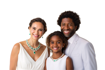 Elegant mixed-race family of three in white formal attire with emerald green jewelry posing for portrait, isolated on a transparent background