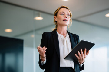 Middle-aged Caucasian business woman giving a team presentation in a modern office, speaking confidently while using a digital tablet to showcase ideas, dressed in a sleek black suit and a white