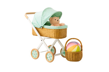 Green baby carriage with teddy bear and colorful ball basket for pretend play activities, isolated on a transparent background