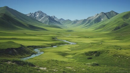Fototapeta premium The grasslands and vibrant mountains make for an artistic landscape that adds depth and mystery. Showcasing vibrant colors, delicate textures, and nature's splendor.
