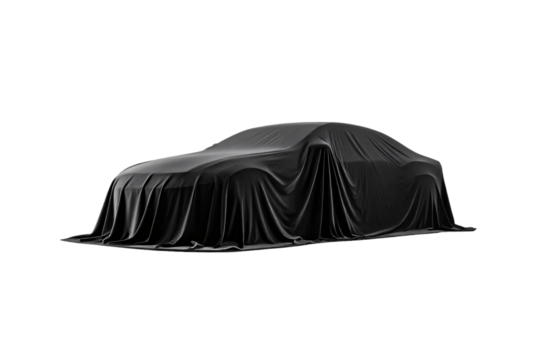 Black car cover draped over vehicle silhouette for automotive protection and storage purposes, isolated on a transparent background
