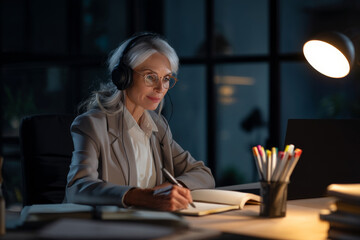 Mature Caucasian businesswoman wearing headphones during a virtual negotiation, focused and calm, desk lit by soft LED lamp, with a large notepad and markers ready