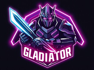 Gladiator logo with knight holding sword and neon lights on a black background art