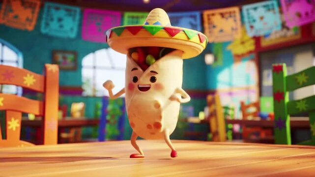 A cheerful burrito cartoon character wearing a sombrero dancing on a table in a vibrant Mexican restaurant with colorful decorations and a lively atmosphere.