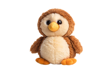 Brown and cream owl stuffed animal with orange beak and feet sitting upright, isolated on a transparent background
