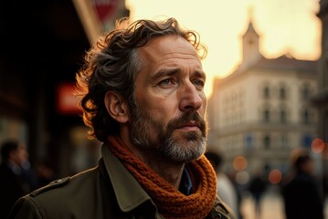 a man with a beard and scarf is standing in a city