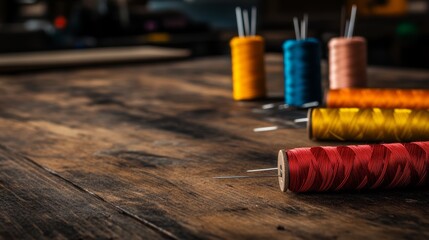 studio corner of fashion designer, color palettes, pins, thread spools on wooden table