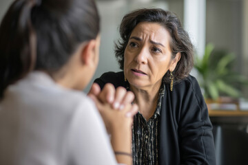 Mature Hispanic woman coaching a junior colleague on conflict resolution, demonstrating empathy and clear communication
