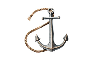 Classic maritime anchor with natural hemp rope coiled around metal shaft and flukes, isolated on a transparent background