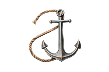Classic maritime anchor with natural hemp rope coiled around metal shaft and flukes, isolated on a transparent background