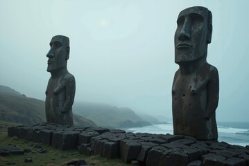 two moai statues stand in front of the ocean