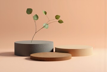 three round wooden planters with a plant on top