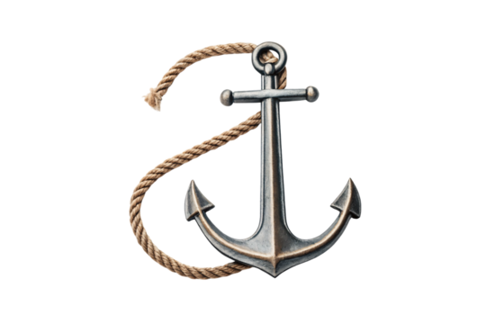 Classic maritime anchor with natural hemp rope coiled around metal shaft and flukes, isolated on a transparent background