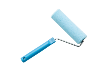 Blue paint roller with textured foam cover and matching blue plastic handle, isolated on a transparent background