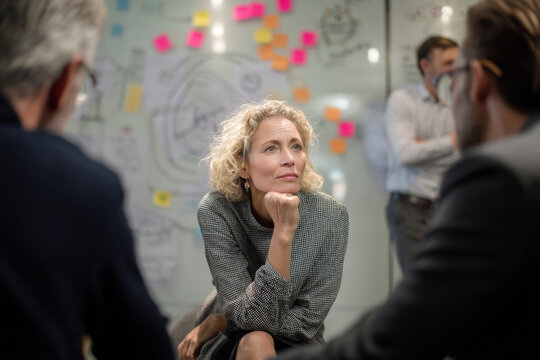 Middle-aged Caucasian businesswoman seated in a circular team huddle, participating in a project retrospective while offering thoughtful reflections, with sticky notes and whiteboard sketches all