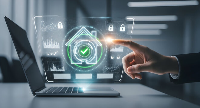 A person's hand interacting with a futuristic smart home security dashboard, selecting a glowing house icon on a high-tech virtual interface - Powered by Adobe