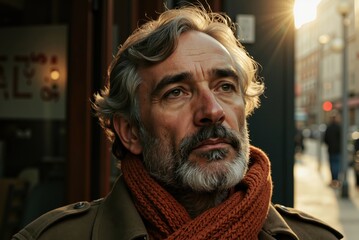 a man with a beard and scarf standing outside