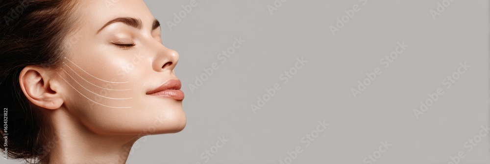 Poster woman relaxing before spa procedure in soft tones with minimal facial markers and a serene expressio