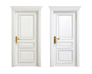 Two identical, white interior doors with gold hardware.  Each door features a decorative, paneled design and crown molding