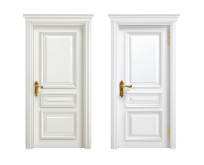 Two identical, white interior doors with gold hardware.  Each door features a decorative, paneled design and crown molding