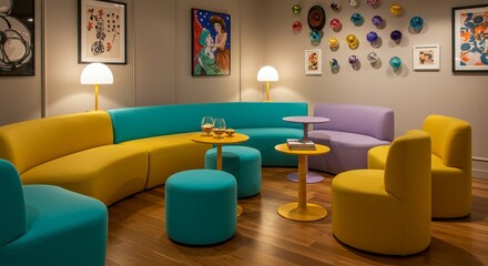 A modern and colorful lounge area featuring stylish furniture and artwork.