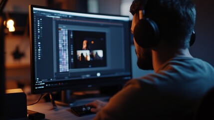Studio monitor for filmmaking, color grading session in dark room, high-res screen