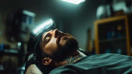 Studio scene with client lying down for a chest tattoo, artist with headlamp