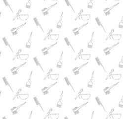 Professional hairdresser colorist tools Hair Salon seamless pattern. Vector graphic line ink illustration. For poster, flyer, banner, invitation, social media, party or sale