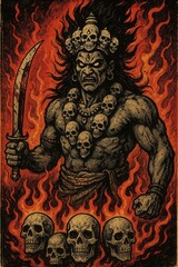Furious mythical deity with sword, adorned with skulls amidst flames
