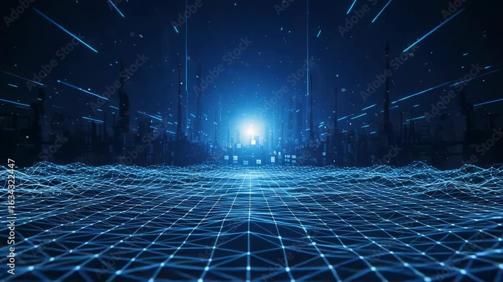 Poster futuristic digital tunnel with a glowing blue light at the end, representing a path through a networ