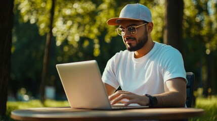 stylish software developer coding on laptop outdoors, green background, digital nomad,