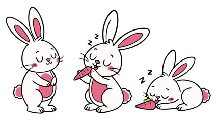 Obraz premium Cute Bunny Vector – Smiling Rabbit in Flat Cartoon Kawaii Style with Carrot, Perfect for Kids Books and Apps