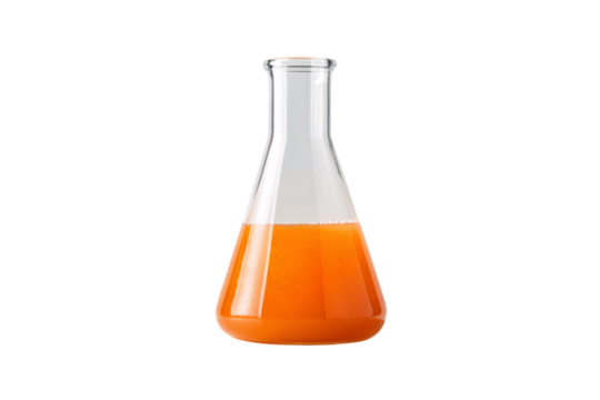Glass conical flask with bright orange chemical solution, laboratory glassware for scientific research and experiments, isolated on a transparent background