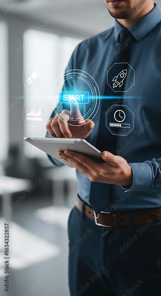 Poster confident businessman activating startup sequence on tablet with progress indicators and launch rock