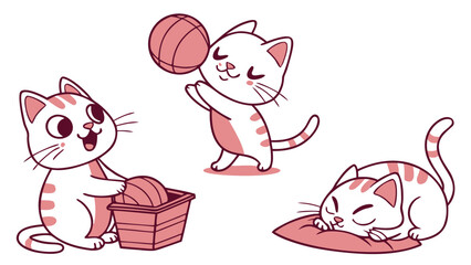 Adorable vector of a kawaii-style cat playing with a yarn ball, ideal for children’s books, apps, stickers, and fun pet-themed products in soft flat colors.


