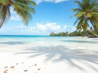 A serene beach scene featuring palm trees, white sand, and turquoise water under a blue sky