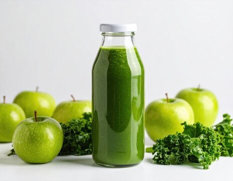 Vibrant green juice in a clear glass bottle stands among fresh green apples and healthy kale leaves on a pure white background. - Powered by Adobe