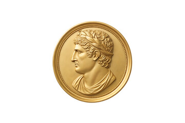 Golden circular cameo relief showing profile of classical figure wearing laurel wreath and draped garments, isolated on a transparent background