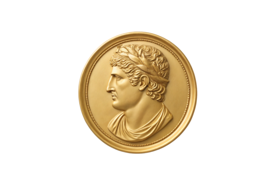 Golden circular cameo relief showing profile of classical figure wearing laurel wreath and draped garments, isolated on a transparent background