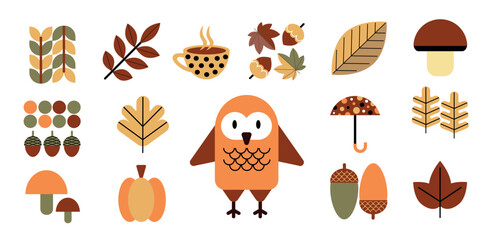 Set of autumn icons in flat geometric style. Leaves, berries, mushrooms, nut, pumpkin, vegetables. Collection of flat icons. Vector illustration. © Oxana