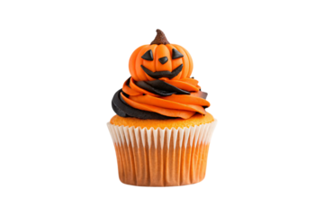 Orange Halloween cupcake with swirled frosting topped with small decorative fondant carved pumpkin jack-o'-lantern decoration piece, isolated on a transparent background