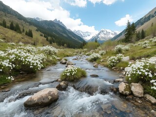 A scenic view of a mountain stream with white flowers and snow capped peaks in the distance