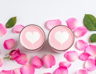 Fototapeta premium Two pink lattes featuring white heart art are placed on a clean white surface, beautifully surrounded by many scattered pink rose petals and some fresh green leaves.